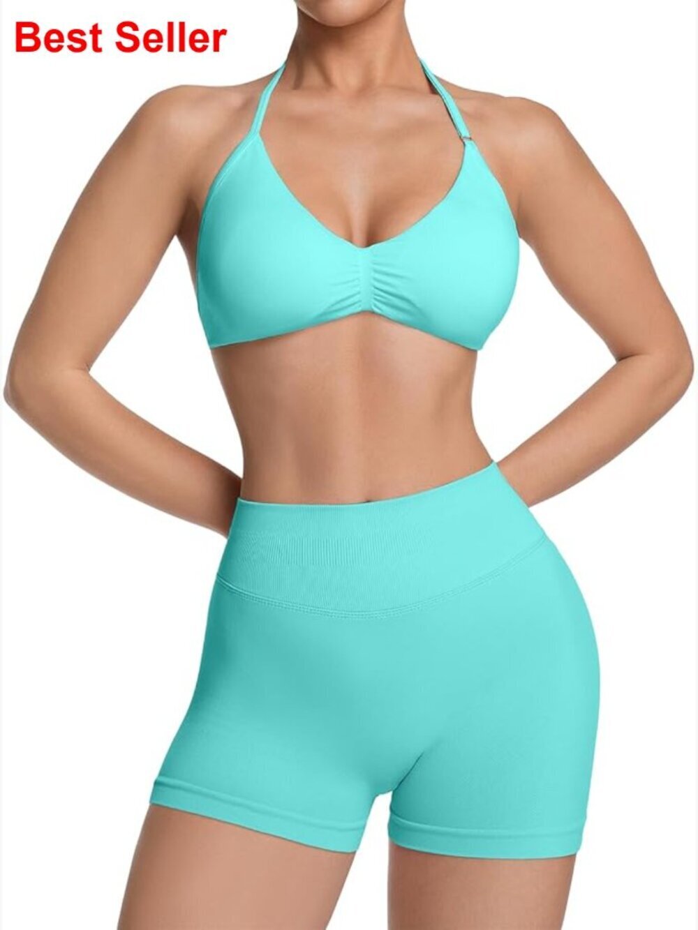 Seamless Halter Sports Bra with Scrunch Butt Lifting Shorts Workout Set